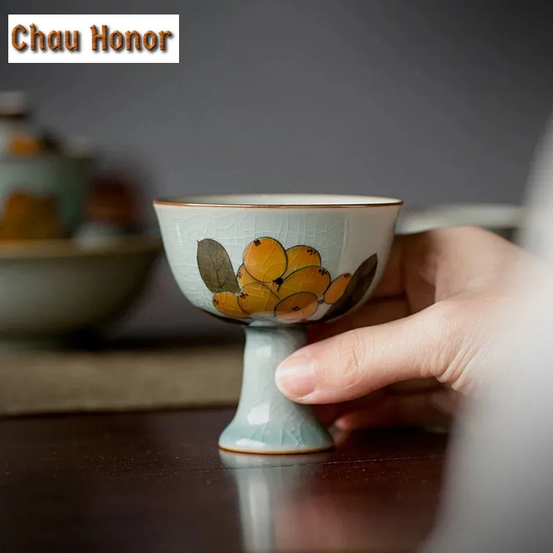 70ml Boutique Pure Hand Painted Loquat Art Ceramic High Foot Tea Cups Household Ice Cracked Glaze Master Cups Tea Bowl Tea Set