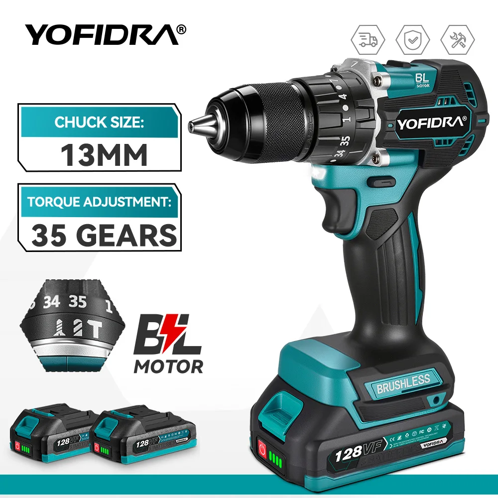 YOFIDRA 35 + 3 Drehmoment Bürstenlosen Elektrischen Schlagbohrmaschine 13 MM Akkuschrauber Elektrowerkzeug Für Makita 18 V Batterie Pin