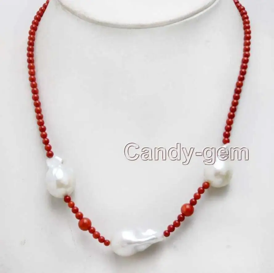 Fashion jewelry    14*25mm White Baroque Nuclear pearl & 3-4mm Red Coral 18'' Necklace