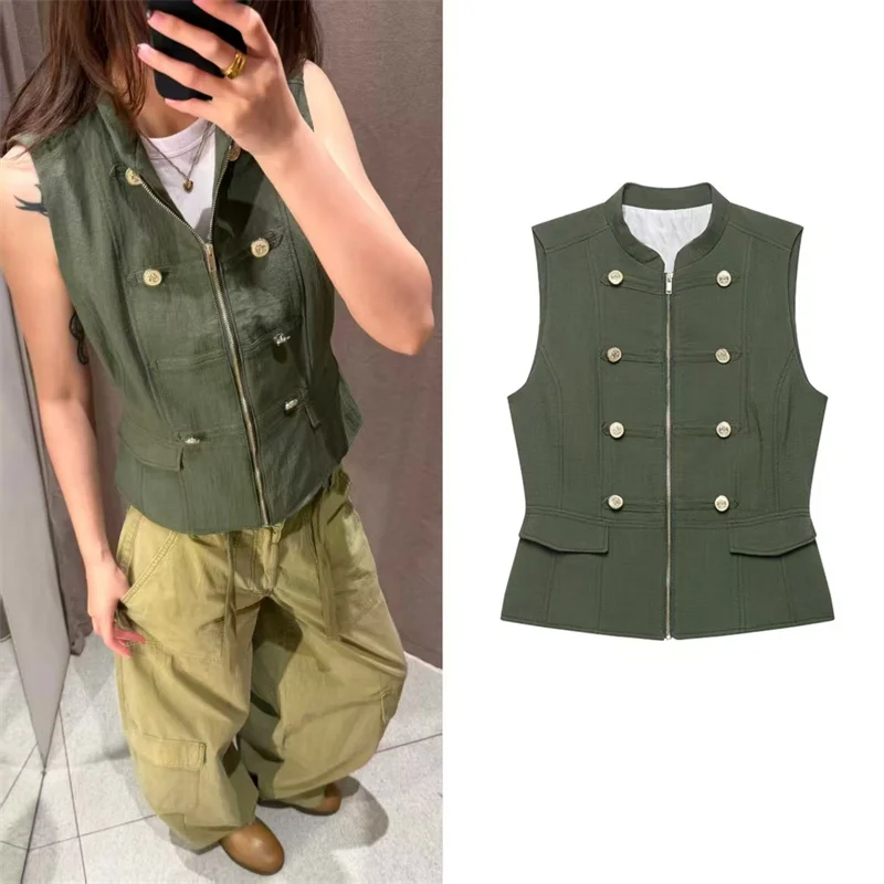 ZHIO Women's Tank Top 2026 Summer New Military Green Sleeveless Vest with Button Decoration Napoleon Knight Style Personal