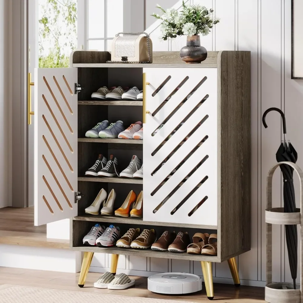 6-story Wooden Shoe Rack Storage Cabinet with Door and Adjustable Shelves, Shoe Cabinet for Corridors and Living Rooms