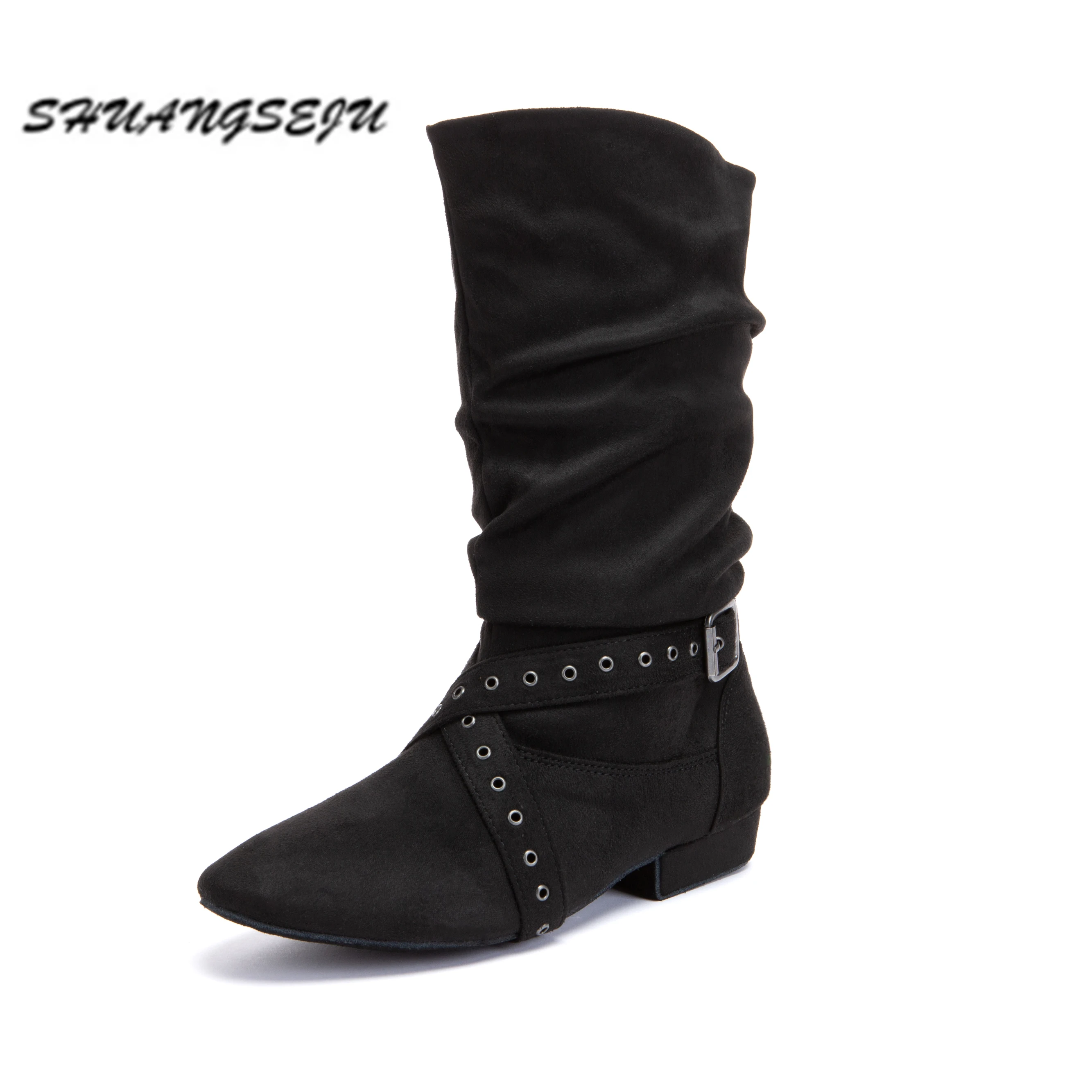 2026 Women Black Suede High‑Top Jazz Dance Boots, 1cm Low Heel Soft Sole Dance Shoes for Line Dance Practice Group Wholesale