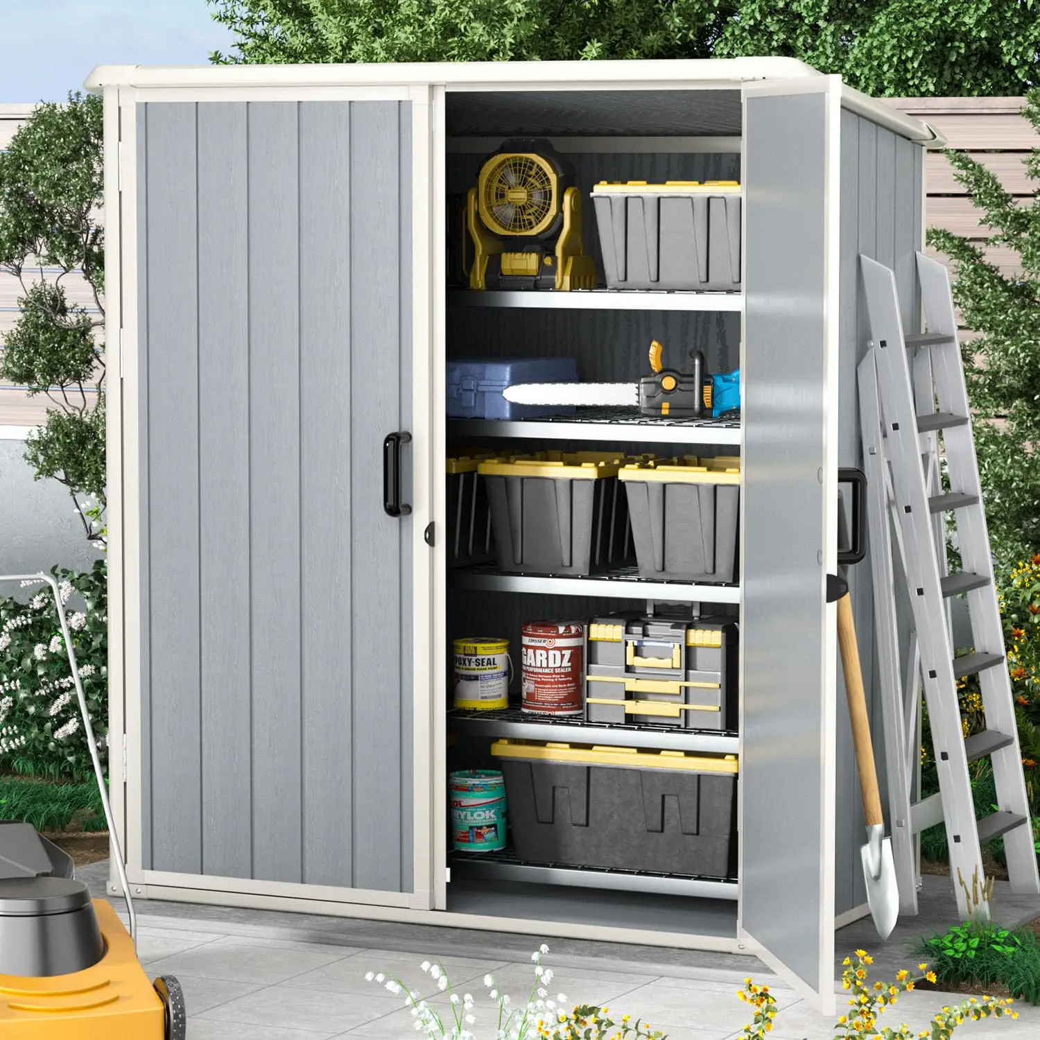 5x3ft Resin Outdoor Storage Shed With Floor and Lockable Door for Garbage Can Garden Tools Patio