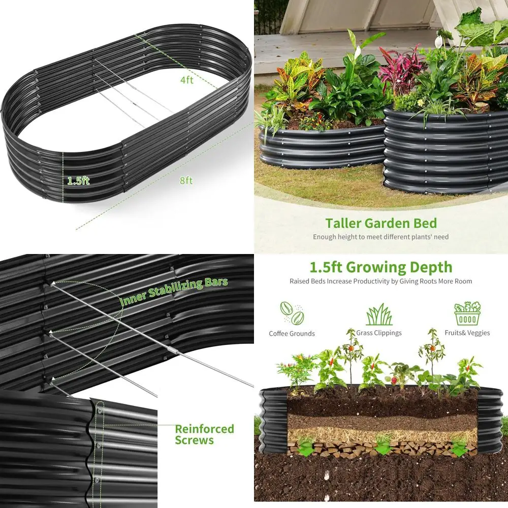 

Овальная садовая кровать для улицы, большая металлическая кашпо размером 8x4x1,5 футов для овощей, серая