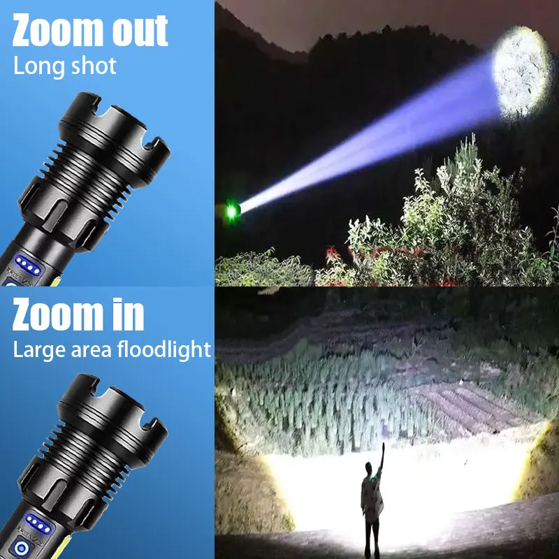 High Power 10000000LM XHP390 Flashlight Rechargeable Strong Light Super Bright Lamp Military Tactical Lantern Camp Outdoor Torch