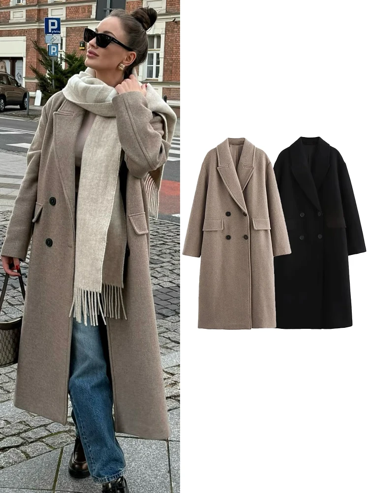 

TRAFZA Female Casual Overcoat Solid Turn-Down Collar Long Sleeve Pockets Double Breasted Winter Coat Woman Trendy 2 Color