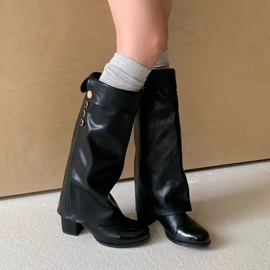 

High Heel Knight Boots Women's Leather Patchwork Over Knee Long Tube Boots Round Head Not Knee High Fashion Boots Winter Season