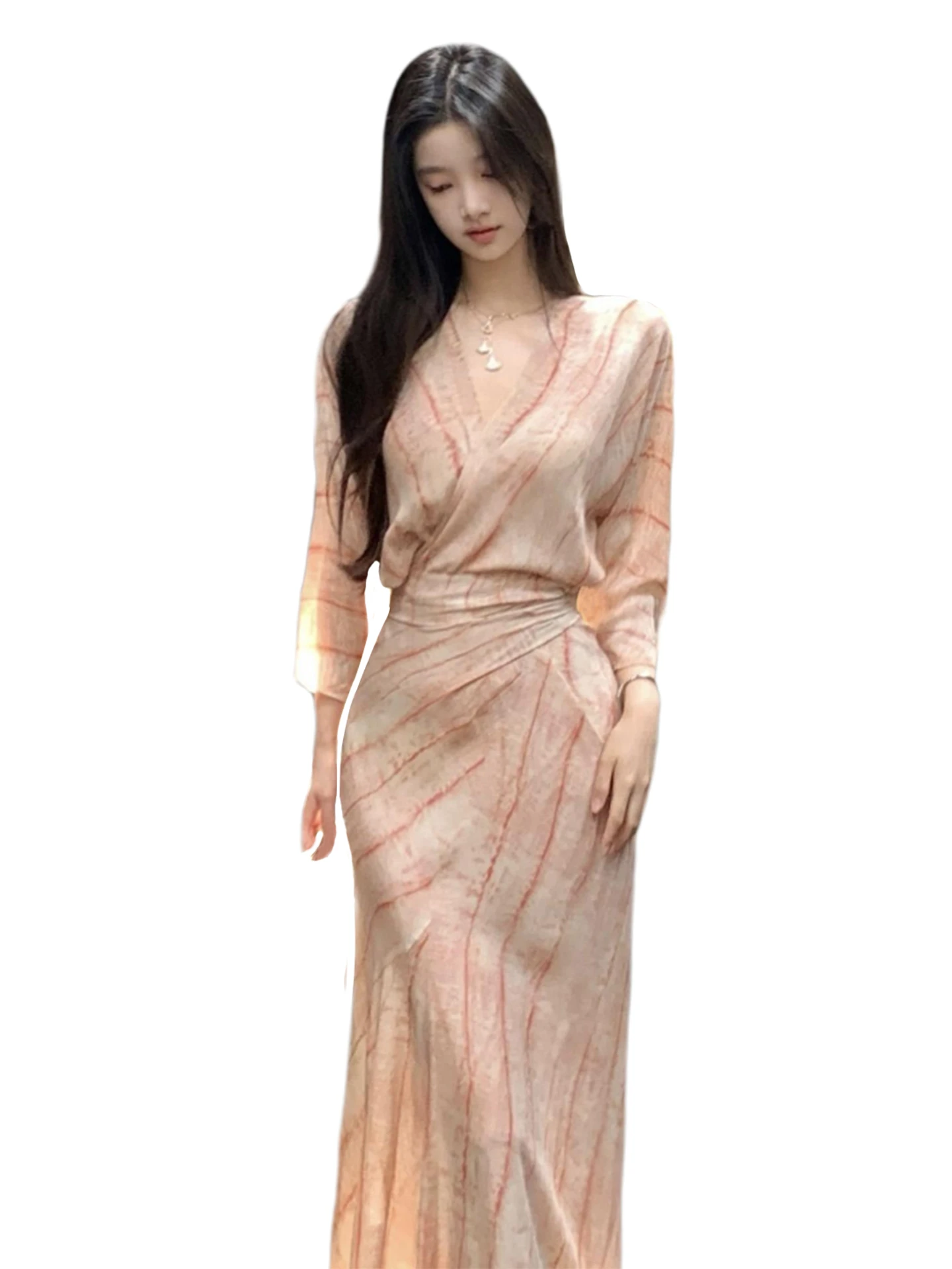 Ele rose v-ne dr femmes été taille haute a-ligne jupe longue doux Sle Polyester fibre support Version complète Sve