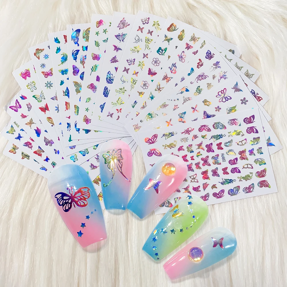 16/12/9/8/6/4Pcs Colorful Laser Butterfly 3D Nail Sticker Bronzing Adhesive Sliders For Nail Tips Decals Manicure Decoration