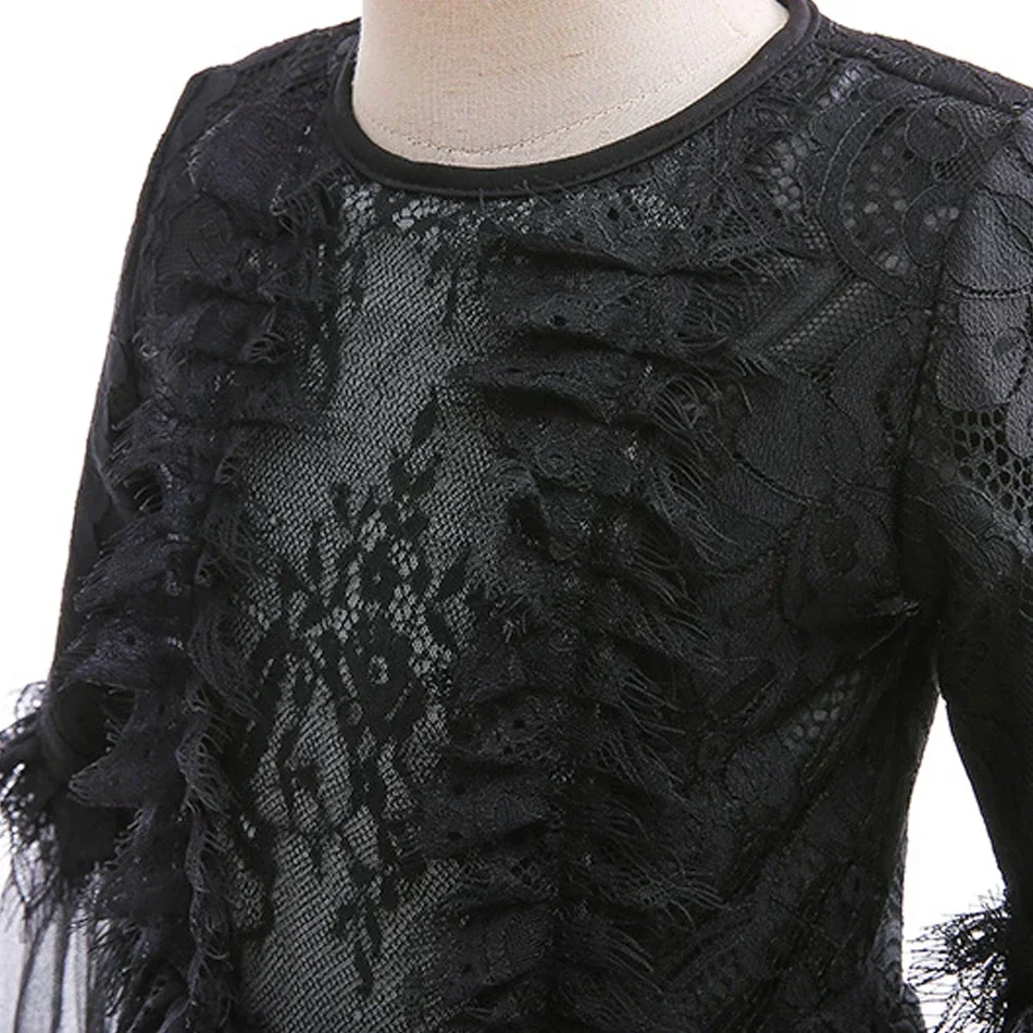Girls Black Gothic Lace Long Dress Kids Long Sleeve Witch Vampire Costume for Halloween Cosplay Theme Party image 5