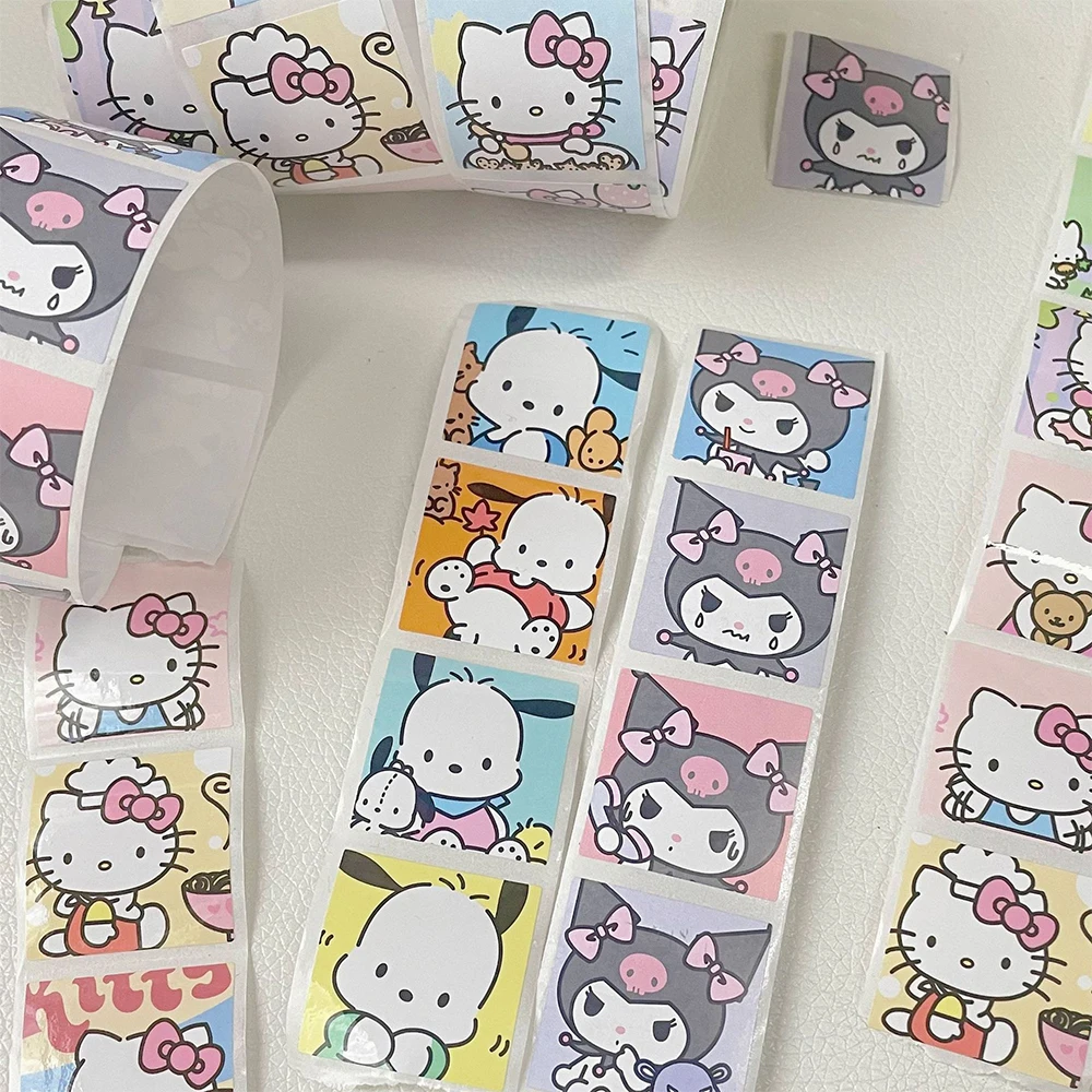 Rollo de pegatinas estéticas de dibujos animados para niños, calcomanías bonitas y divertidas, 200/500 piezas, Melody Kuromi, Kawaii, decoración