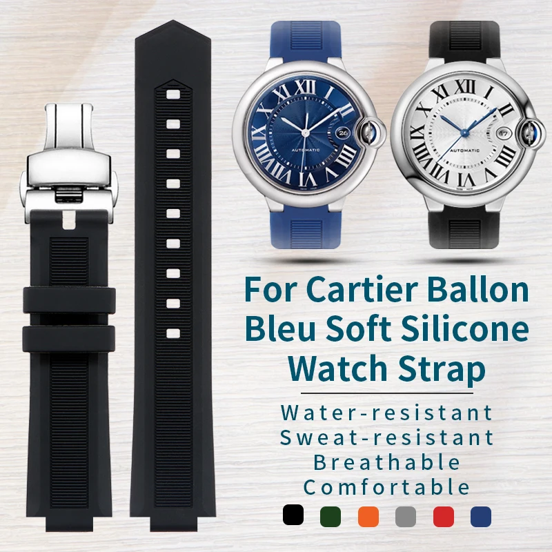 

Compatible with Cartier Ballon Bleu Men's Soft Silicone Watch Strap - 21st Century Dark Warrior Black Raised Clasp Rubber Band