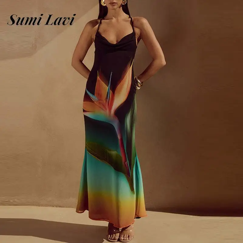 

Fashion Pattern Print Hight Waist Party Dress Elegant Backless Cross Hollow Long Dress Women Sexy V-neck Pleat Suspenders Dress
