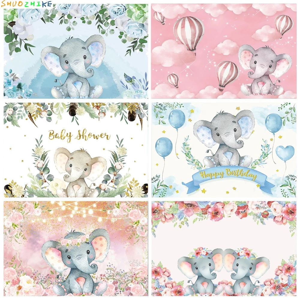 

Elephant Baby Shower Backdrops For Photography Flowers Personalized Family Party Shoot Photographic Backdrops Photocall