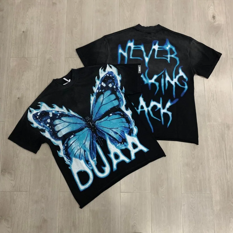 DUAA Butterfly Letter Flame TEE Black Hip-Hop Crew Neck Distressed Men's Women's Tops