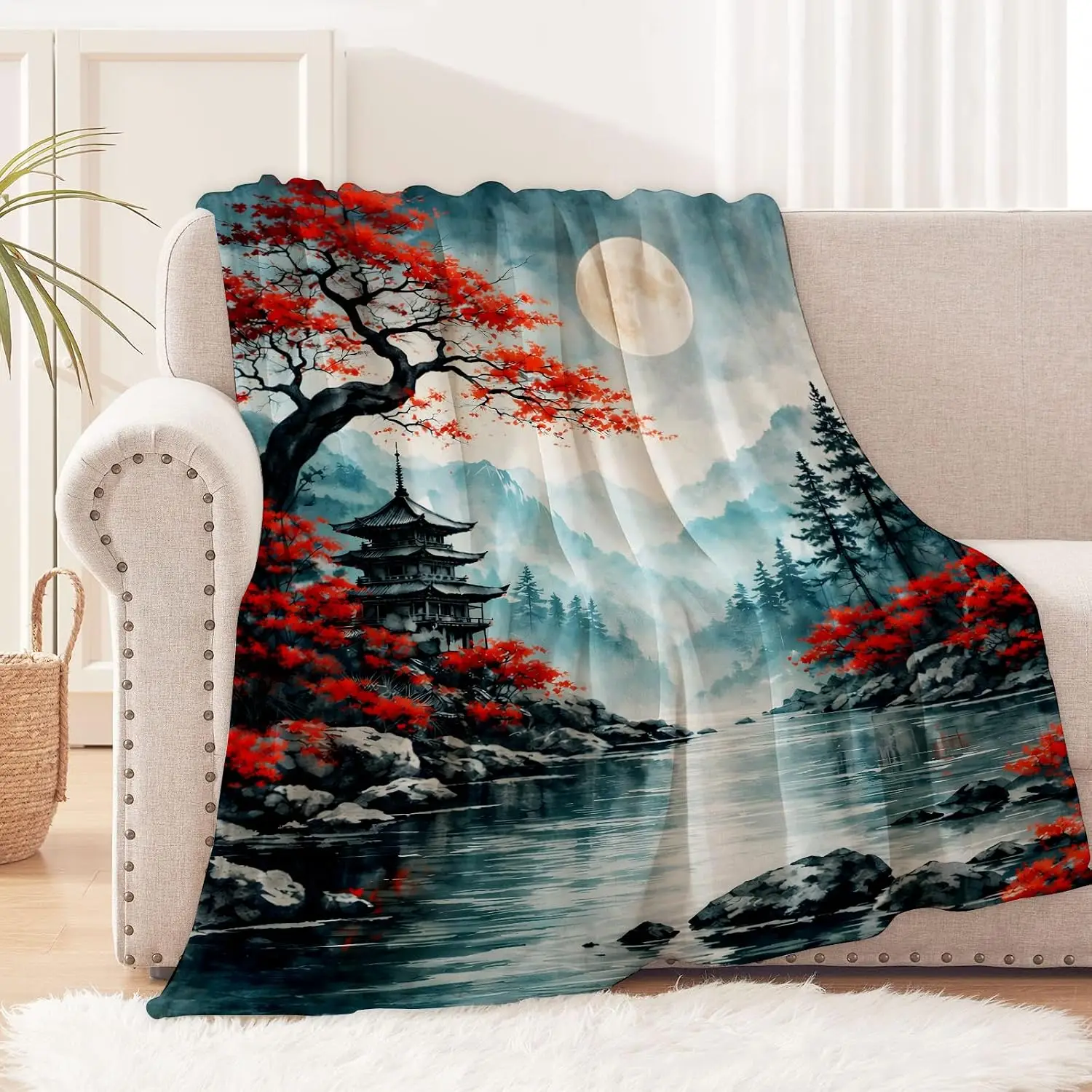 Retro East Asian Ink Scenery Maple Pagoda Moon Water Art Flannel Blanket Indoor Outdoor Soft Classic Warm Home Holiday Gift