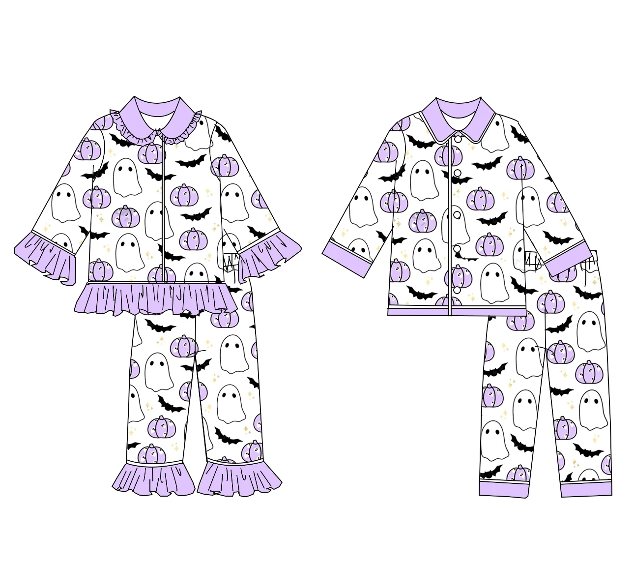 New Pajama Set Halloween Lapel Long Sleeve Lace Pumpkin  Print Pants Lace Girl Boys Pajama Set Boutique Children's Set