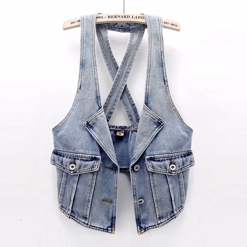 

Spring Summer New Sling Denim Vest Women Korean Slim Short Cowboy Waistcoat Vintage Blue Cardigan Sleeveless Jeans Jacket Female