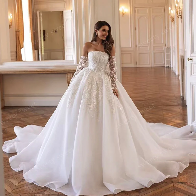 Abito da sposa con spalle scoperte in organza con ricamo staccabile a maniche lunghe abito da ballo personalizzato con lacci sul retro Vestido De Novia