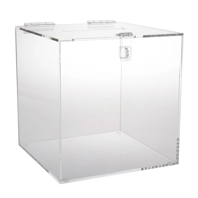 8.66inch Clear Acrylic Ballot Donation Suggestion Box Cube With Clasp Hinged Lid For Countertop Use Paper Card Storage Box