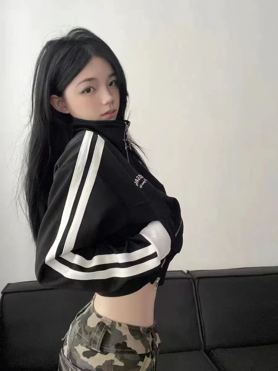 Y2K Women Vintage Korean Fashion Streetwear Zip Up Crop Hoodies Harajuku Striped Cropped Zipper Jackets Kpop Sweatshirt Clothes