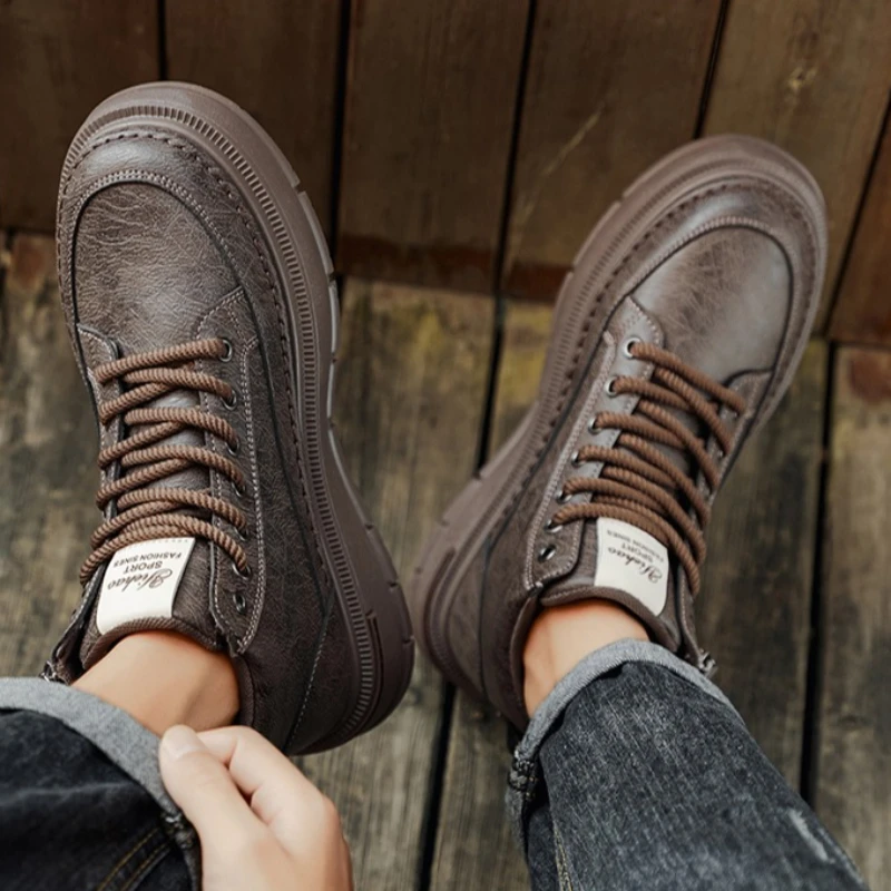 

Men's Spring and Autumn Solid-color Two-tone Lace-up Flat Mid-top Lace-up High-quality Durable Large-sized Work Boots