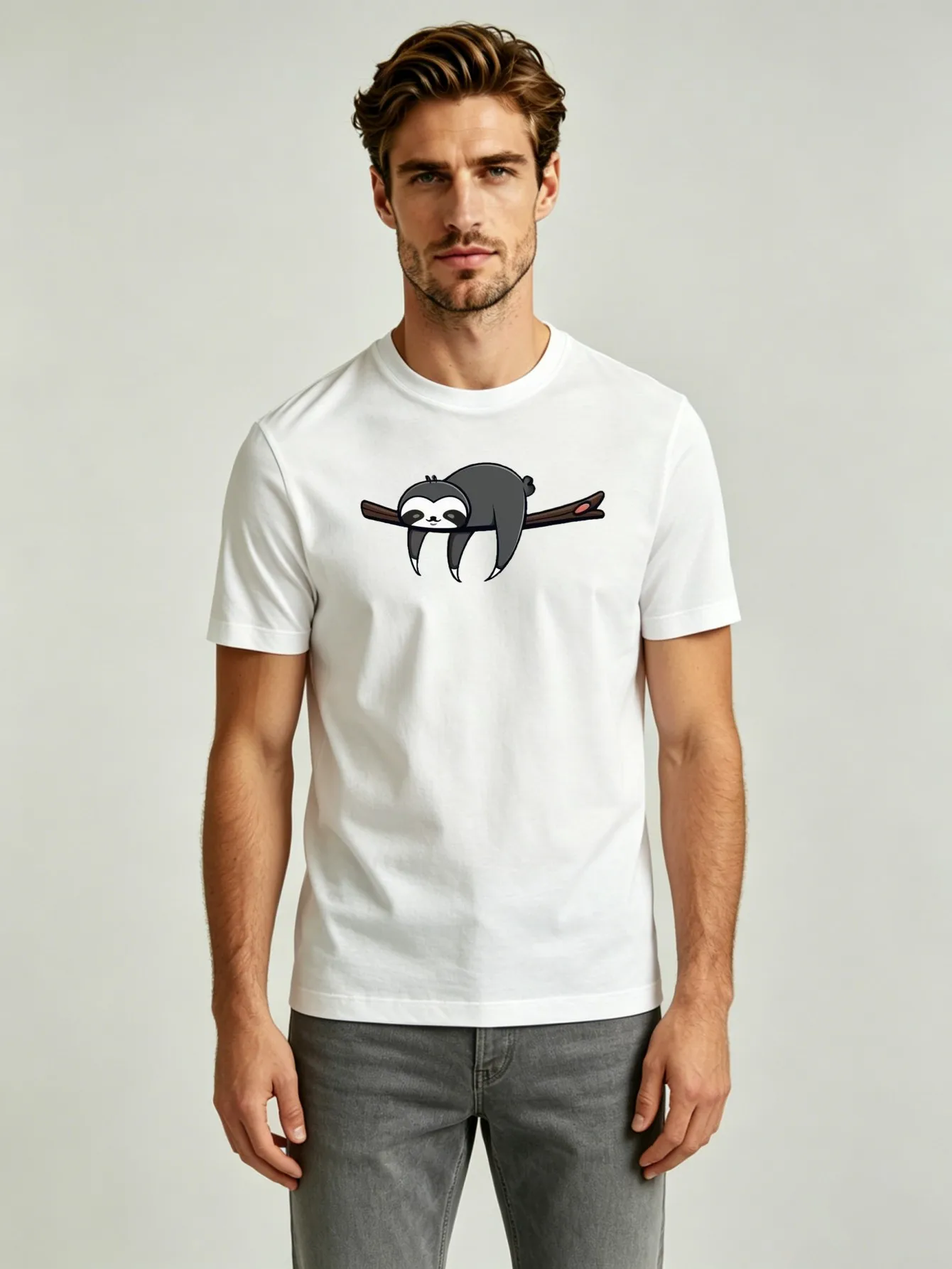 Cute Sleeping Sloth on Branch Graphic T-shirt Men Women Lazy Animal Print Short Sleeve Casual Streetwear Tops