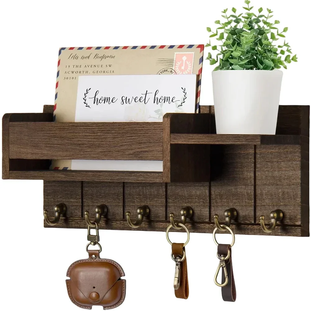 Rustic Wood Key Holder with Shelf Wall Mounted Decorative Key Rack And Mail Organizer 6 Key Hooks for Living Room Entrance