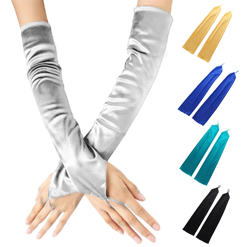 

Vintage Finger Hook Long Glove Ladies Fingerless Gloves Women Sunscreen Drive Ride Gloves Satin Dinner Etiquette Mittens