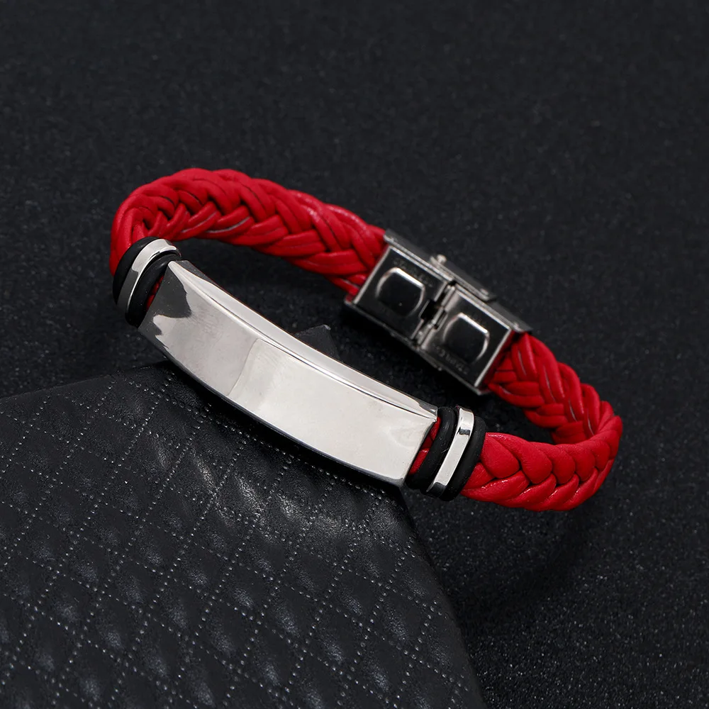 Brazalete de cuero con grabado de nombre y logotipo personalizado, pulsera de acero inoxidable personalizada para hombres y mujeres, pulsera de