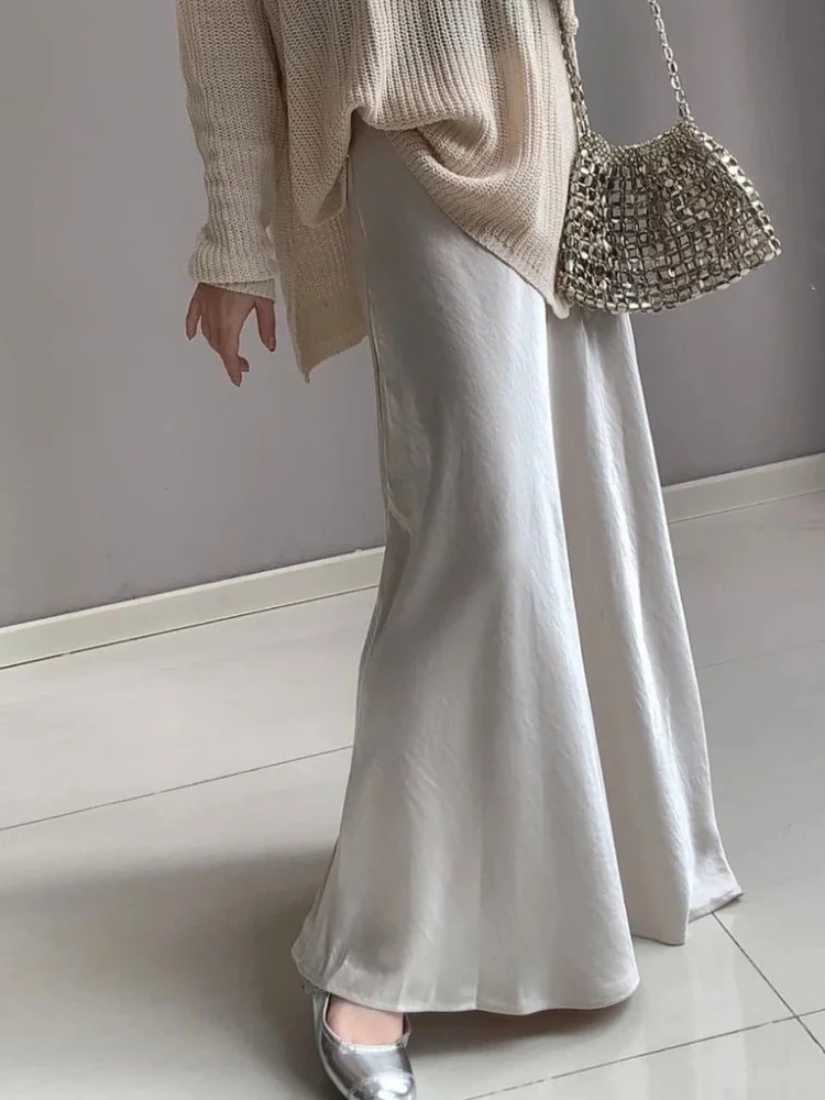 

Spring Summer Long Skirts for Women Champagne Lace-up Design Satin A-line Skirt with Slit Lady Elegant Women's Fishtail Skirt