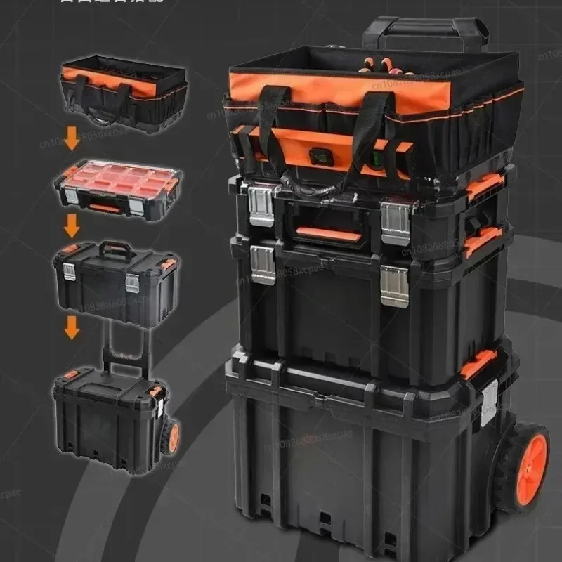 Detachable 3 Layer Stackable Combination Tool Box Cart Telescopic Handle Wheeled Rolling Tool Storage Case for Mechanic Workshop