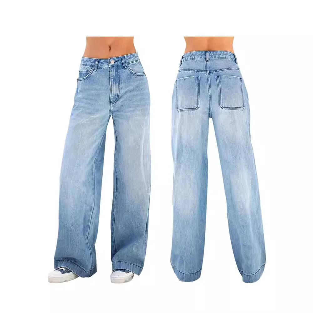 

Vintage Light Wash Straight Jeans: American Retro High Waist Trousers, Flowy Wide Leg Design Minimalist Office Pants Women S-XXL