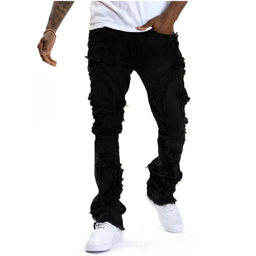 Four Seasons ผู้ชายสไตล์อเมริกัน Casual Street หลวม Bootcut กางเกงยีนส์กางเกงอินเทรนด์ขากว้าง Patched DENIM กางเกงชาย