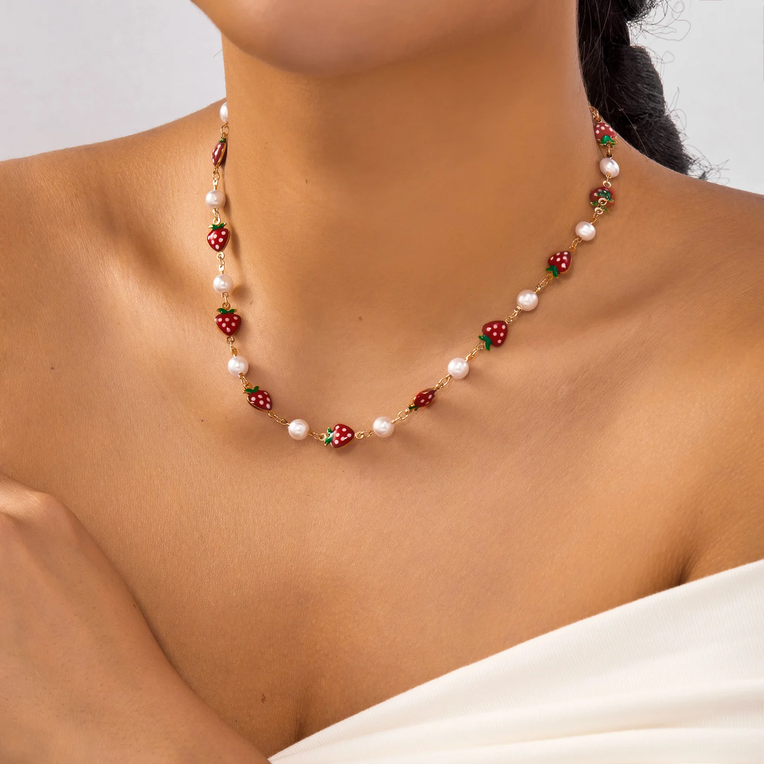 Romantic Red Cherry Heart Charm Necklace for Women Gold Color Sweet Strawberry Fruit Chunky Chain Choker Party Vacation Jewelry view 5