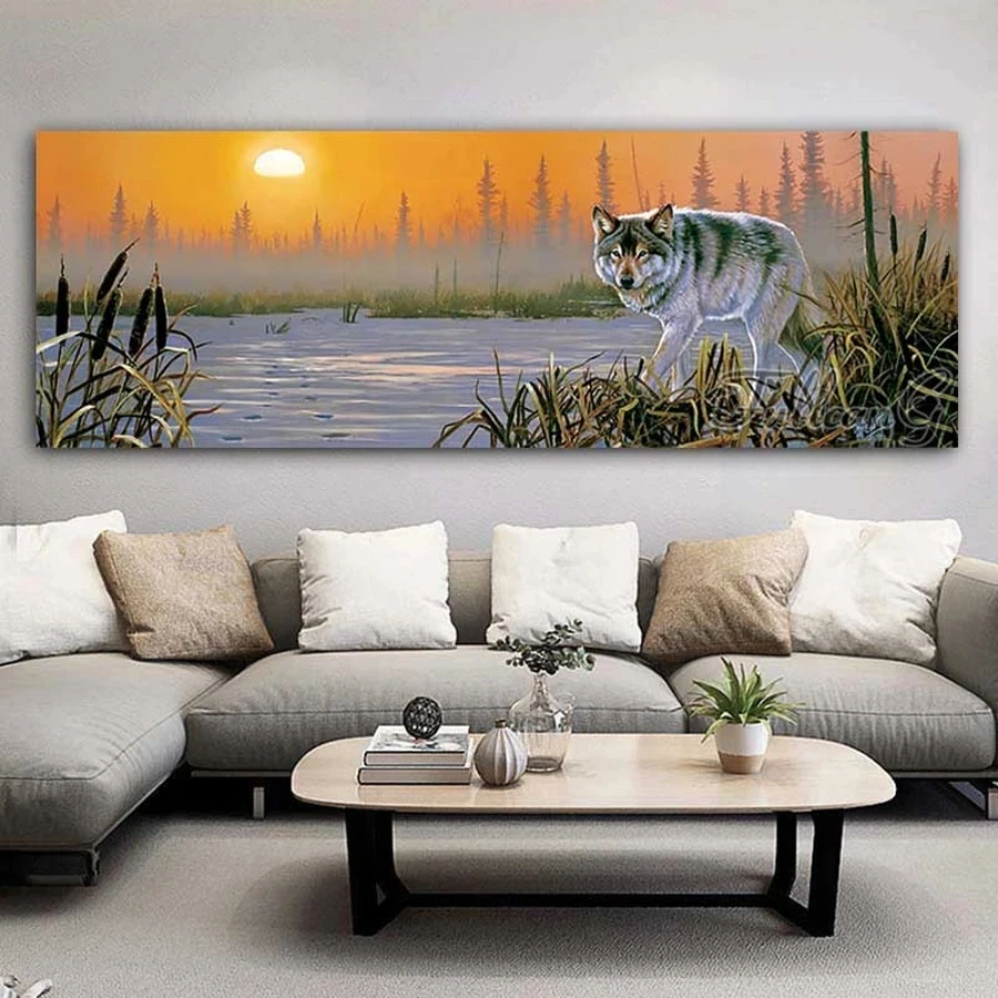 Diy Large Size Diamond Painting Forest Mist Sunset Wolf Full Square Round Drill Mosaic Embroidery Wild Animals Wall Decor AA5249