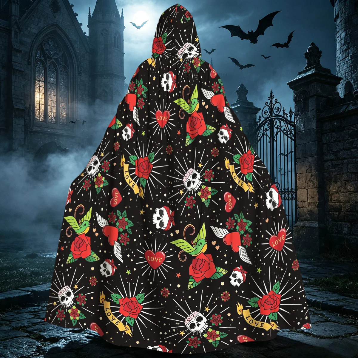 1pc Adult Gothic Hooded Cloak Cape with Skull Tattoo Red Rose Swallowtail Pattern Medieval Witch Wizard Costume