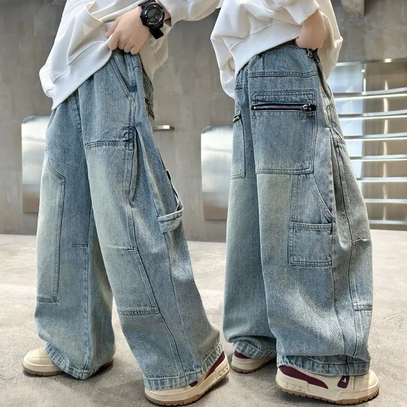 Teens Boy Casual Cargo Jeans with Big Pocket For Child New Loose Style Denim Pants Kids Fashion Street Jeans Trousers 5-14Years