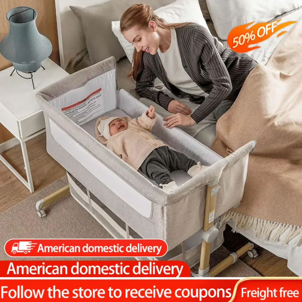 Baby Bassinet Bedside Sleeper, Adjustable Bedside Crib with 360° Swivel Wheels Bassinet for Baby with Storage Basket