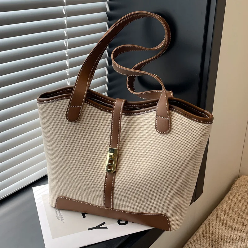 New Fashion Contrast Canvas Bag Luxury One Shoulder Handbag Casual Versatile Crossbody Bucket Bag Large Capacity Tote Bag