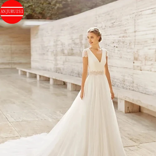 Vestidos De Novia blancos simples, apliques con cuello en V, línea A, Vestidos De Novia largos bohemios, ilusión De satén en la espalda, mangas cortas