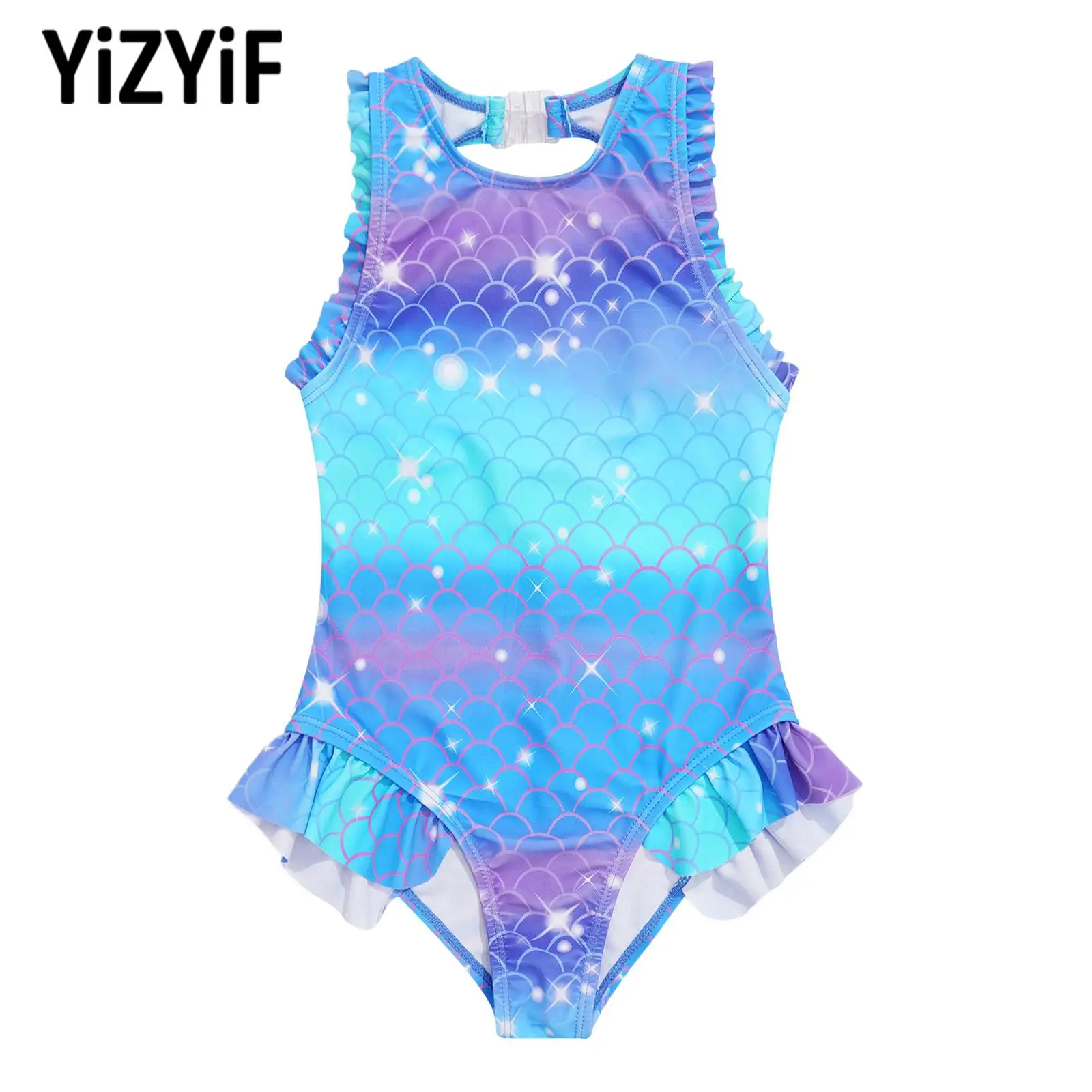 Kids Girls Mermaid Swimsuit Sleeveless Open Back Fish Scales Print Ruffle Flounce Jumpsuit Bathing Pool Beach Athletic Swimwear