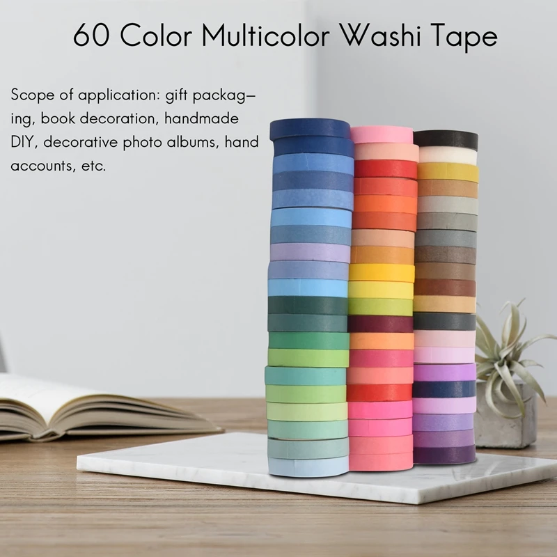 60 Pcs/Set Basic Solid Color Washi Tape Rainbow Masking Tape Decorative Adhesive Tape Sticker Scrapbook Diary Stationery