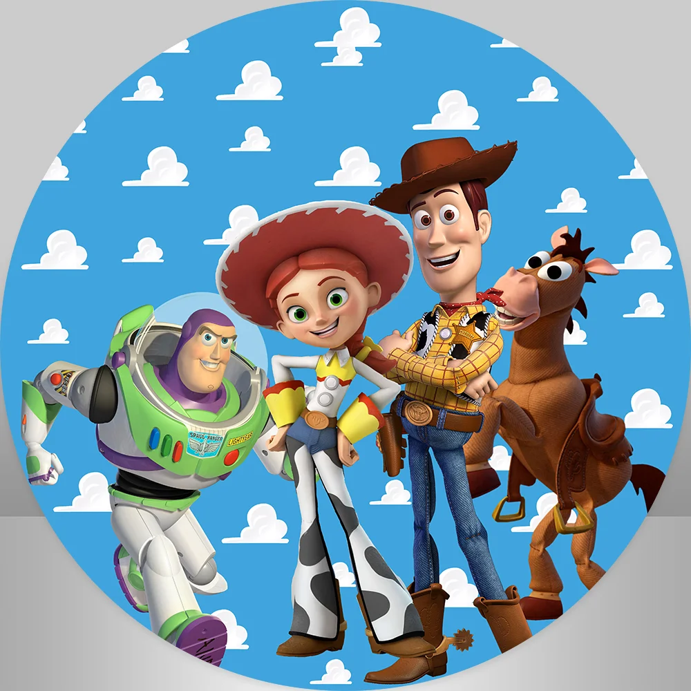 Cartoon Toy Story Round Backdrop for Boy Birthday Party Decoration Blue Sky White Clouds Baby Shower Circle Background Banner