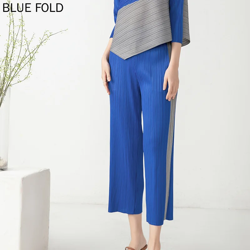 

Women's Pleated High-waisted Thin Straight-Leg Pants, Stitching Edge, Contrast Color, Summer, Miyake