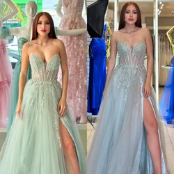 Robe de soirée longue froncée à perles en tulle personnalisée, robe de plage sexy, robe décontractée à col en V, robe sur mesure pour les occasions