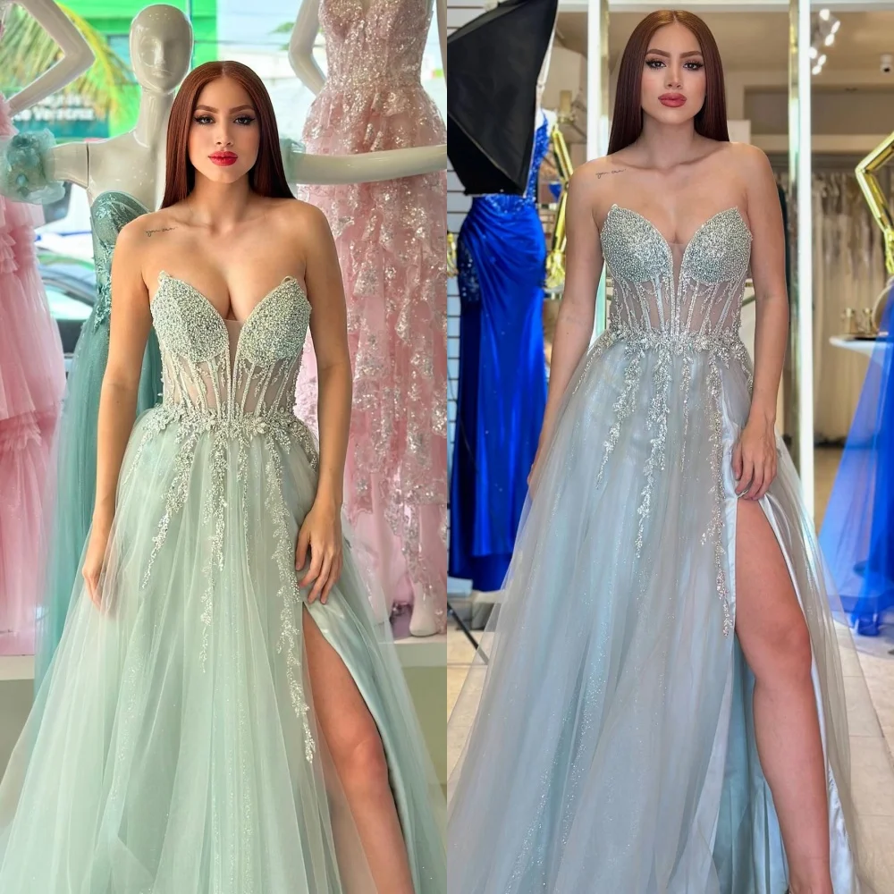 Customized Evening  Sexy Casual  Tulle Sequined Beading Ruched Beach A-line V-neck Bespoke Occasion Gown Long Dressesv