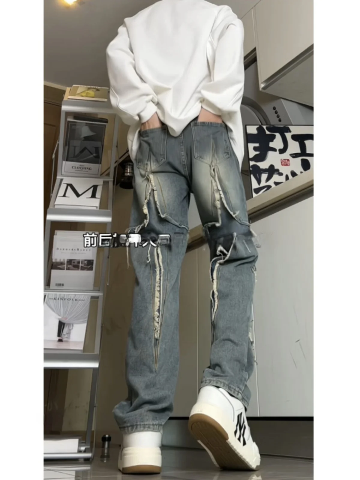 

Men's High Waist Straight Leg Jeans Tear Hole Frayed Vintage American Streetwear Autumn Winter Faion Wear Resistant