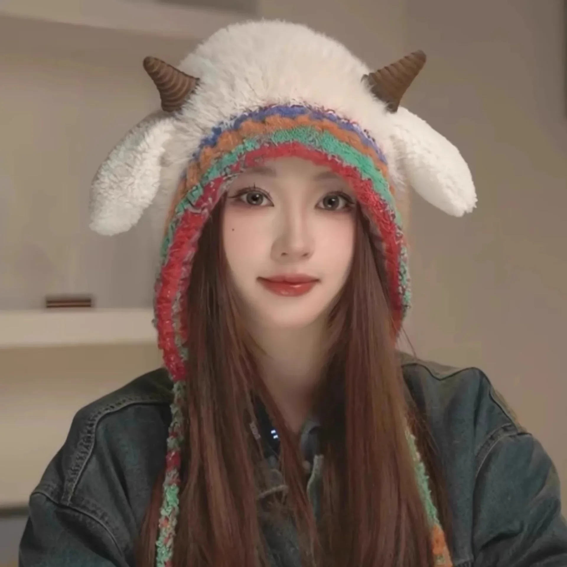 

Korean version of lamb ears cute plush knitted hat children winter color straps plush warm ear protector Lei Feng hat