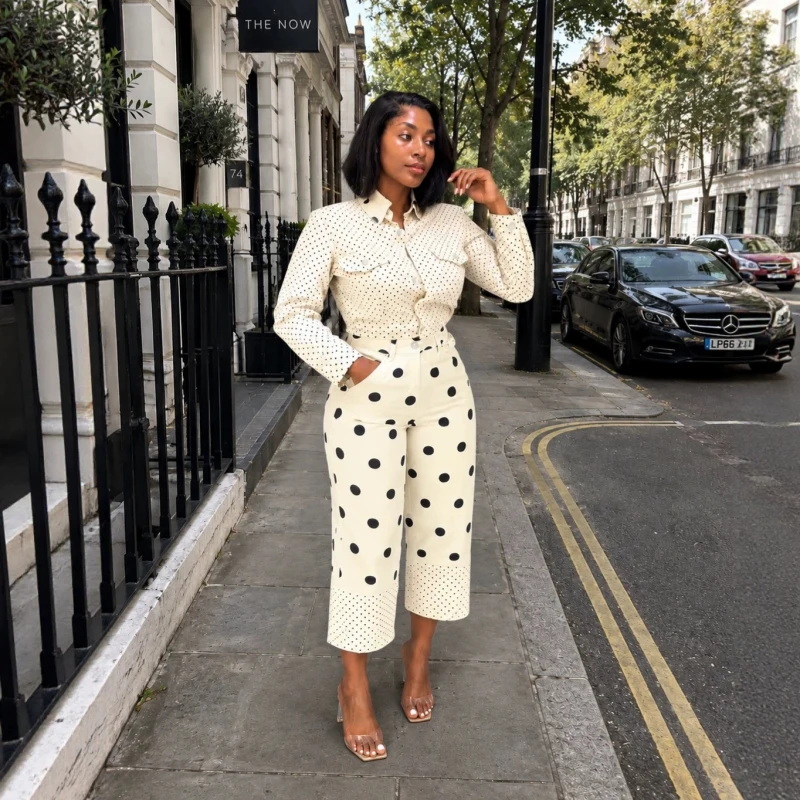 New African Fashion Women Two Piece Set Elegant Polka Dot Printed Full Sleeve Turn Down Collar Shirt And Calf-Length Pants Set